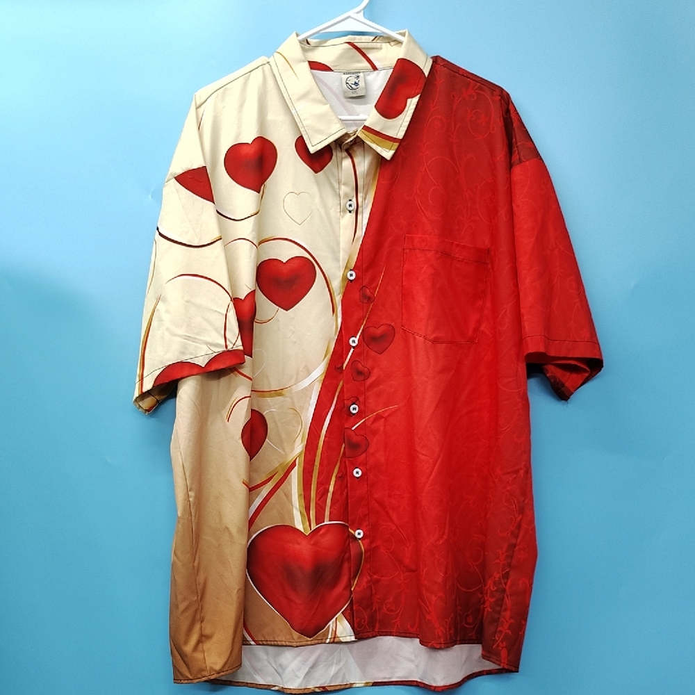 Heart Patterned Red and Cream Men's Casual Button Down Shirt